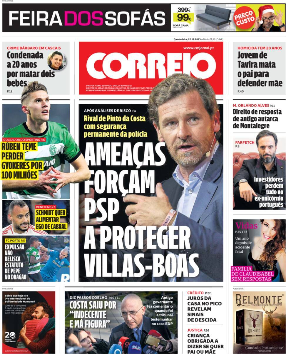 Correio da Manh&atilde;: Capa da Edi&ccedil;&atilde;o de quarta-feira, 20 de dezembro 2023
