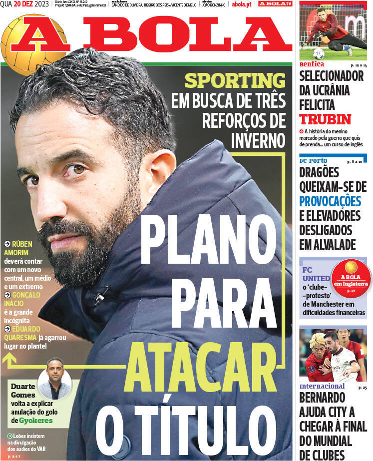A Bola: Capa da Edi&ccedil;&atilde;o de quarta-feira, 20 de dezembro 2023