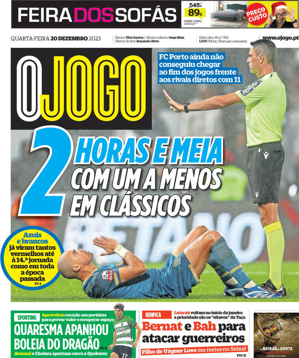 O Jogo: Capa da Edi&ccedil;&atilde;o de quarta-feira, 20 de dezembro 2023