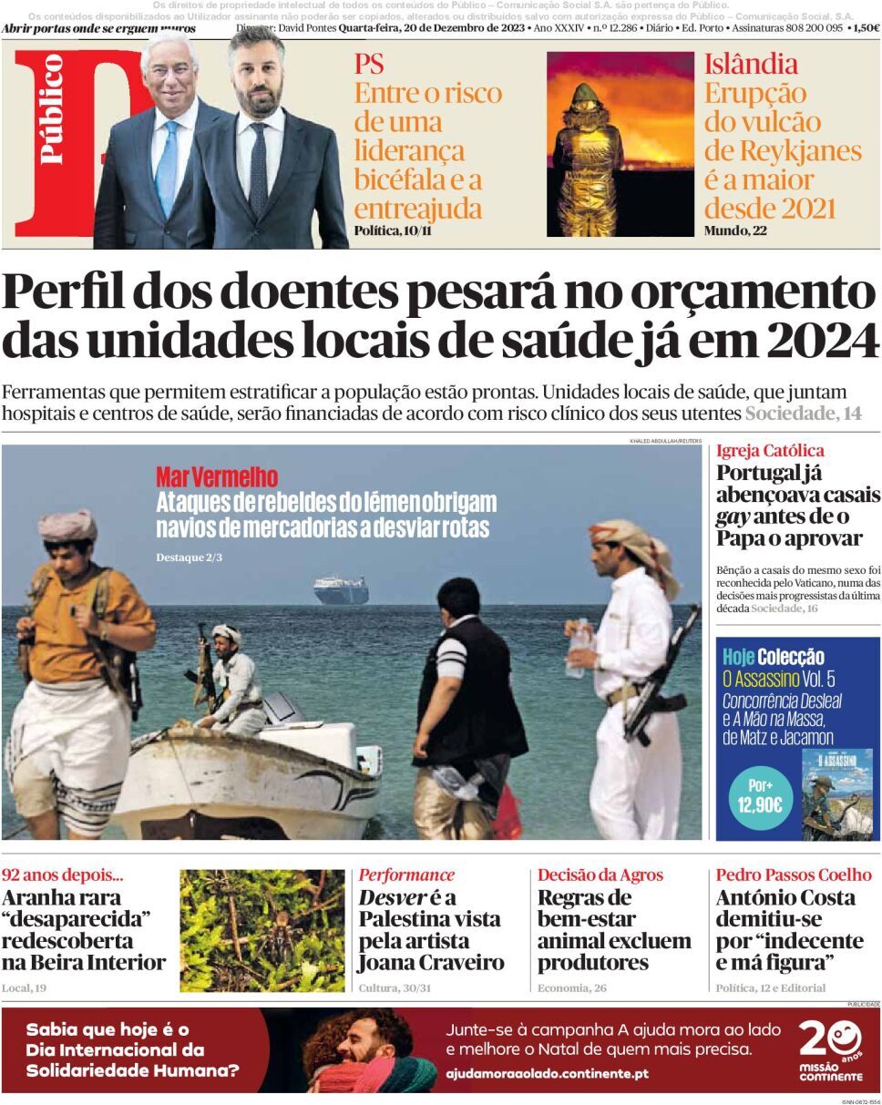 P&uacute;blico: Capa da Edi&ccedil;&atilde;o de quarta-feira, 20 de dezembro 2023