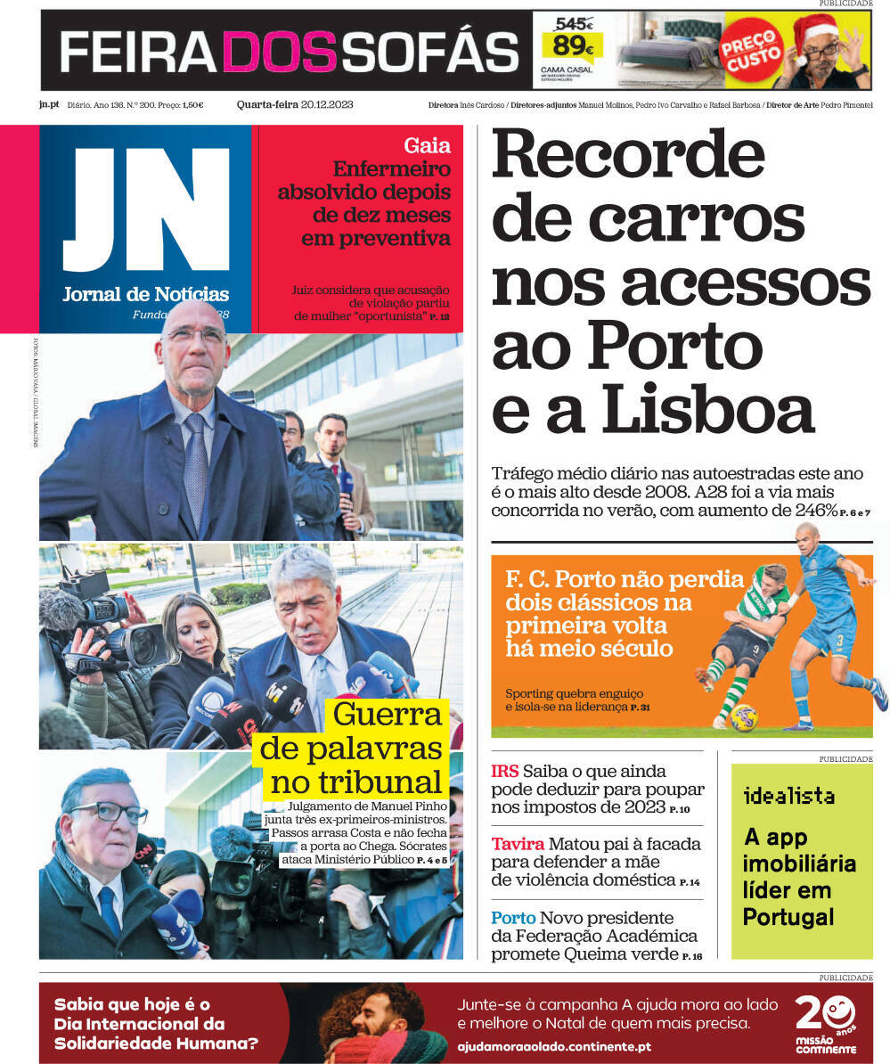 Jornal de Not&iacute;cias: Capa da Edi&ccedil;&atilde;o de quarta-feira, 20 de dezembro 2023