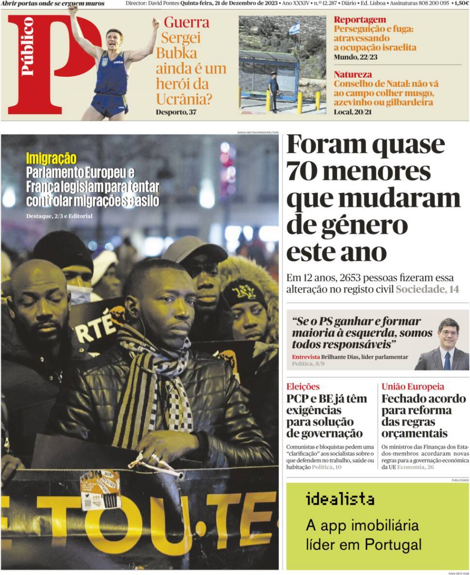 P&uacute;blico: Capa da Edi&ccedil;&atilde;o de quinta-feira, 21 de dezembro 2023