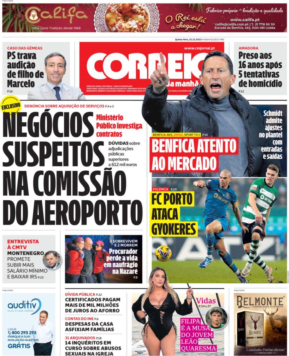 Correio da Manh&atilde;: Capa da Edi&ccedil;&atilde;o de quinta-feira, 21 de dezembro 2023