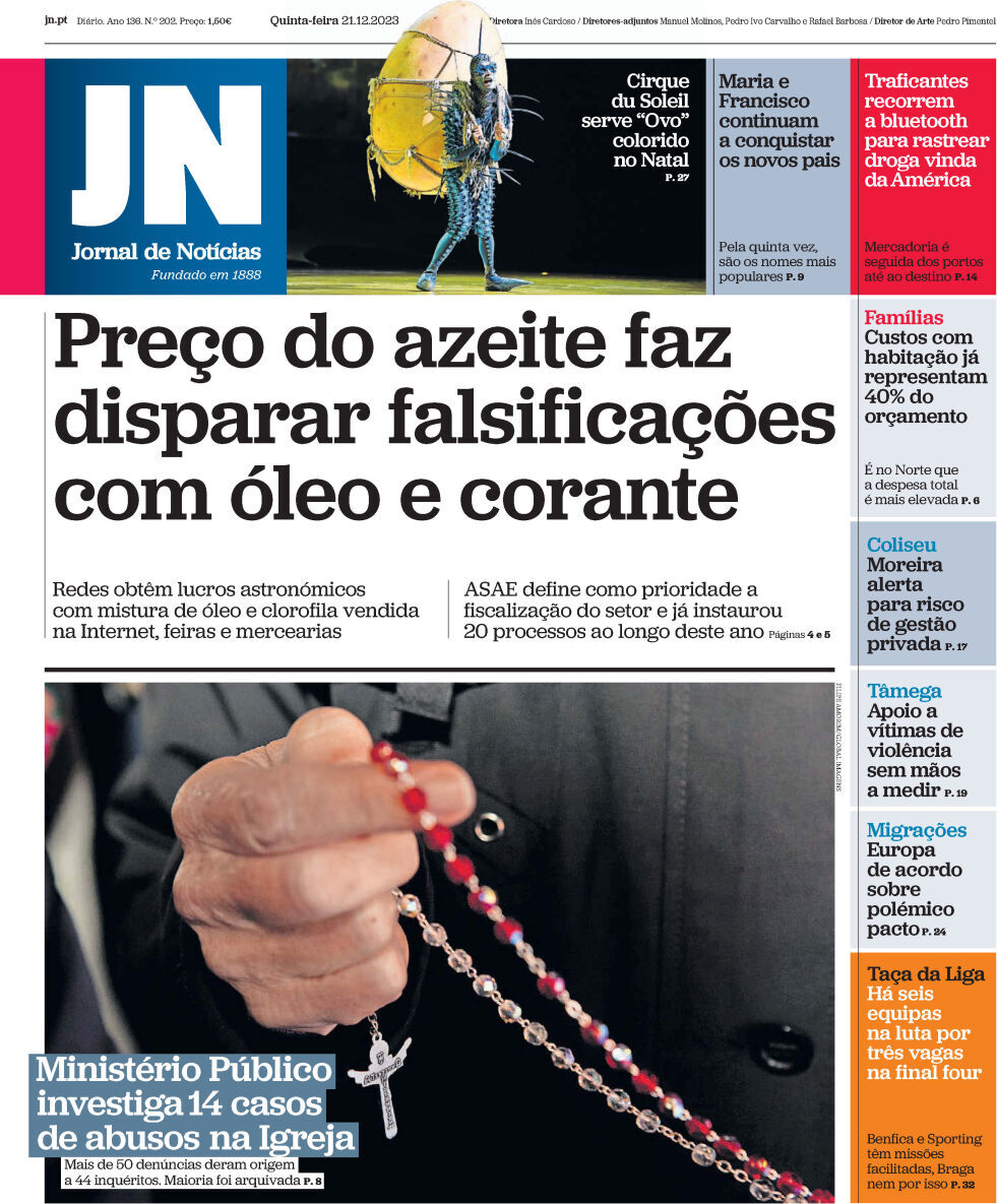 Jornal de Not&iacute;cias: Capa da Edi&ccedil;&atilde;o de quinta-feira, 21 de dezembro 2023