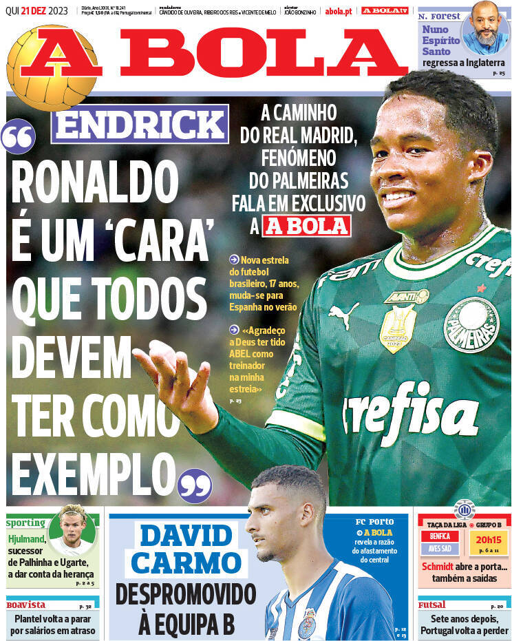 A Bola: Capa da Edi&ccedil;&atilde;o de quinta-feira, 21 de dezembro 2023