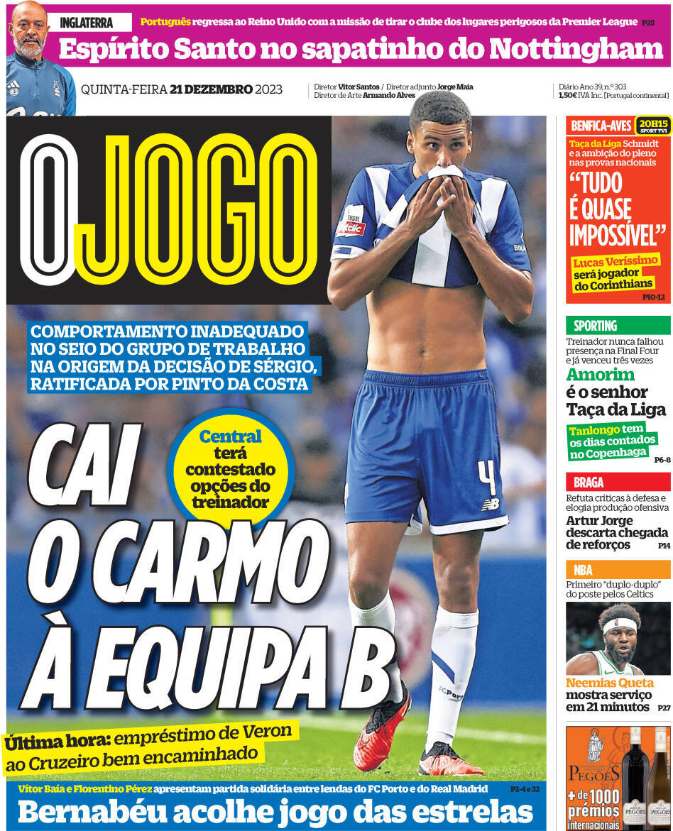 O Jogo: Capa da Edi&ccedil;&atilde;o de quinta-feira, 21 de dezembro 2023