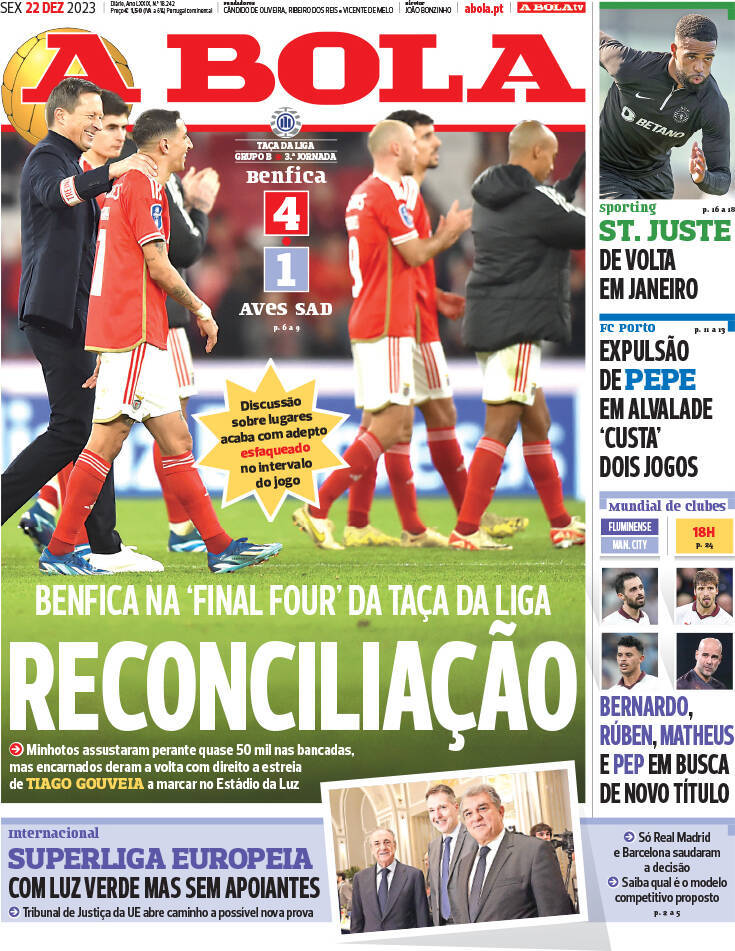A Bola: Capa da Edi&ccedil;&atilde;o de sexta-feira, 22 de dezembro 2023