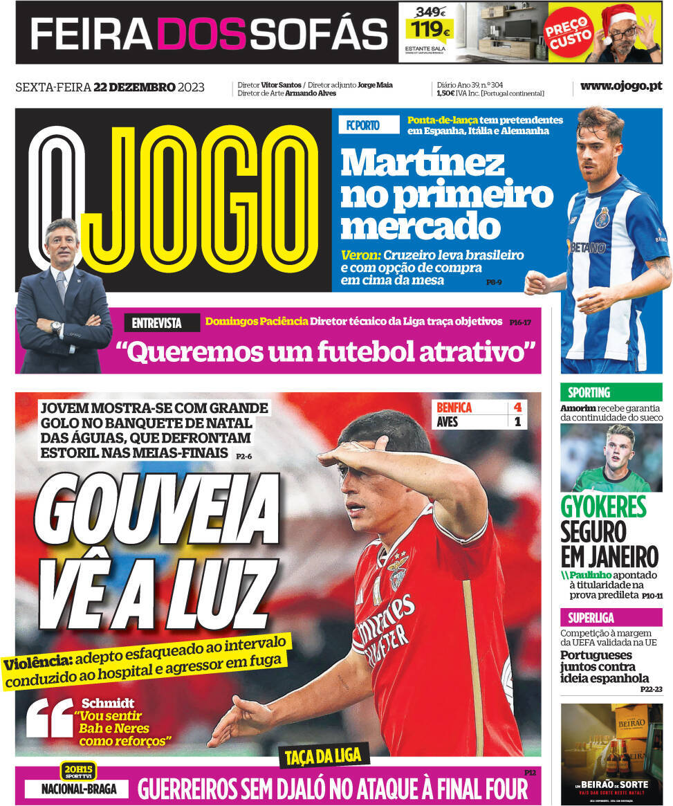 O Jogo: Capa da Edi&ccedil;&atilde;o de sexta-feira, 22 de dezembro 2023