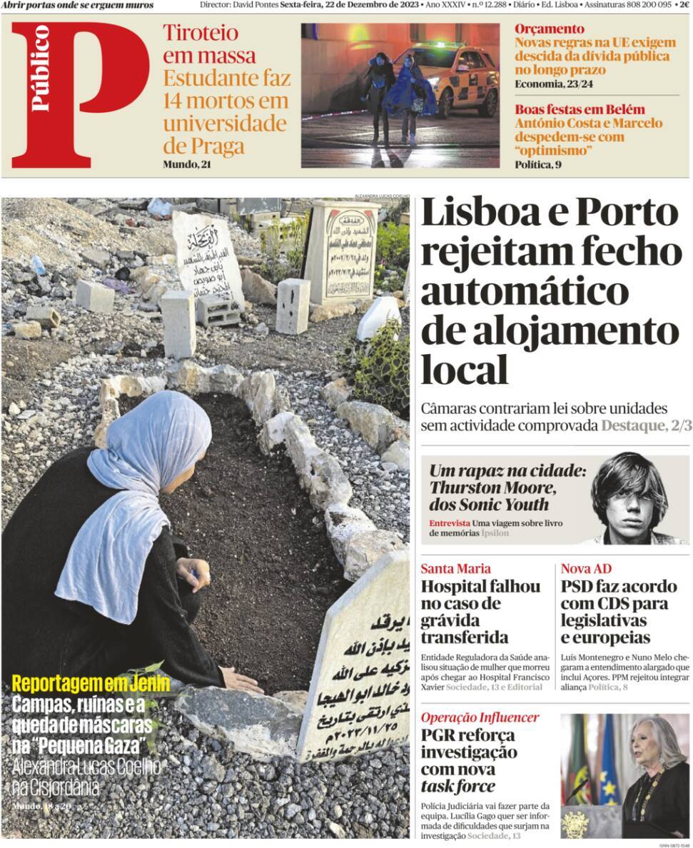 P&uacute;blico: Capa da Edi&ccedil;&atilde;o de sexta-feira, 22 de dezembro 2023