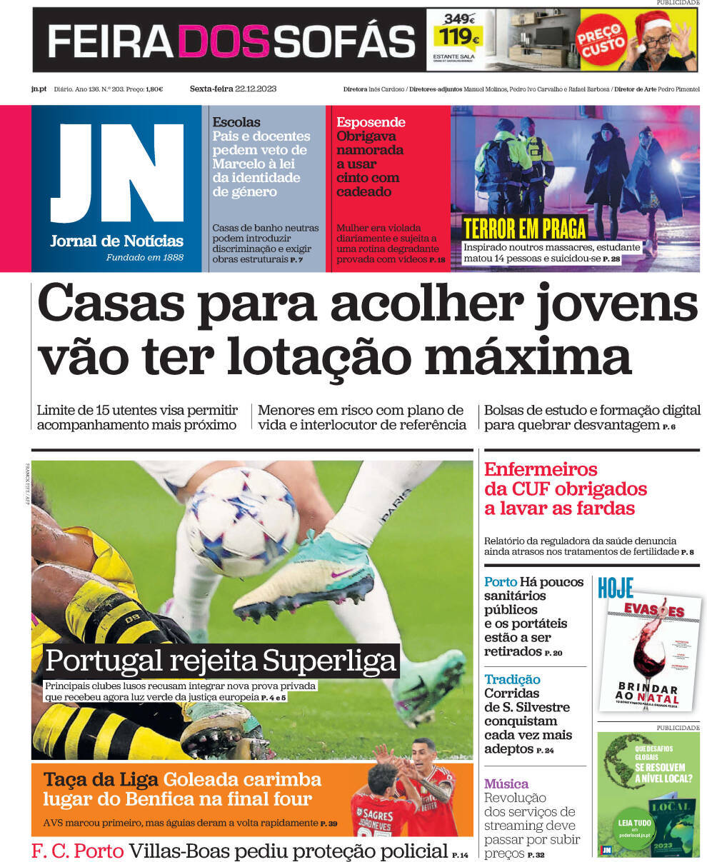 Jornal de Not&iacute;cias: Capa da Edi&ccedil;&atilde;o de sexta-feira, 22 de dezembro 2023