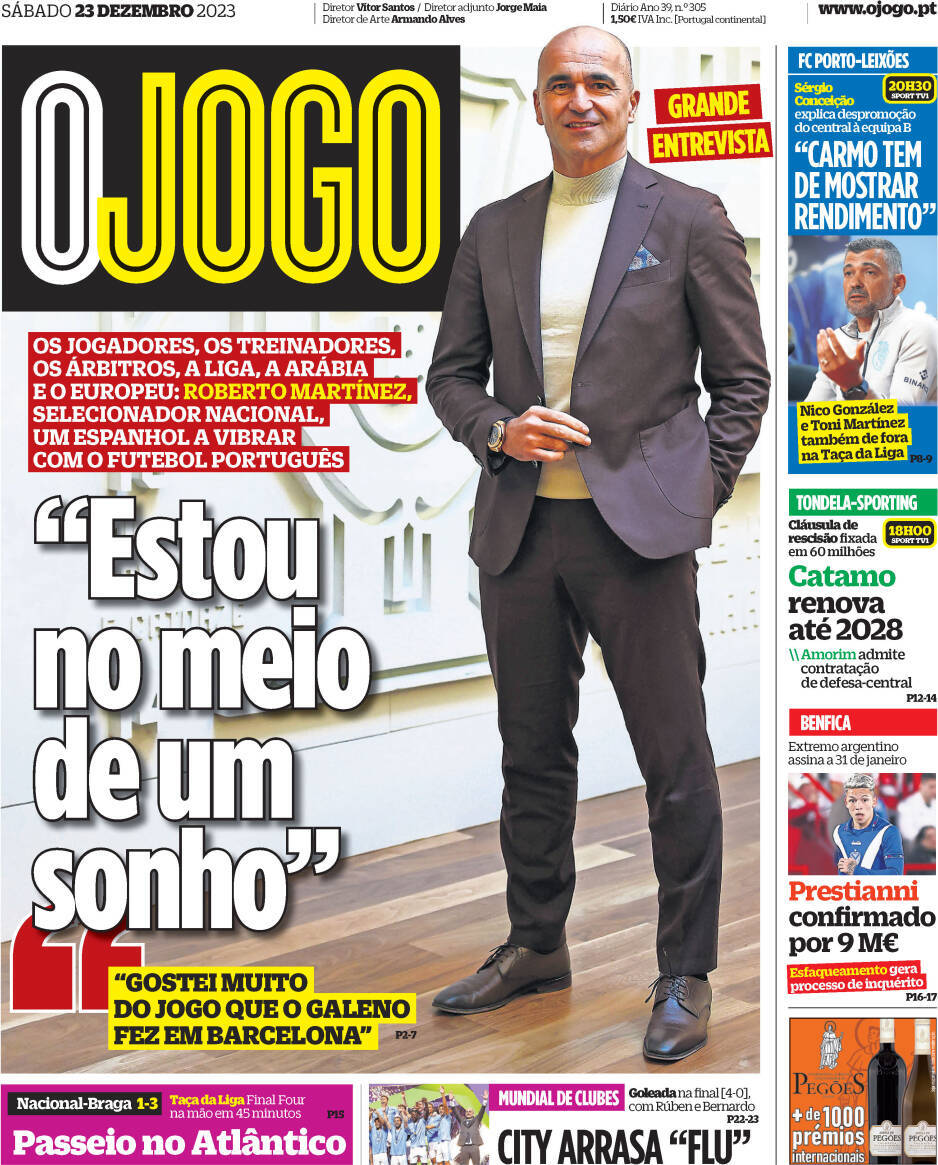 O Jogo: Capa da Edi&ccedil;&atilde;o de s&aacute;bado, 23 de dezembro 2023