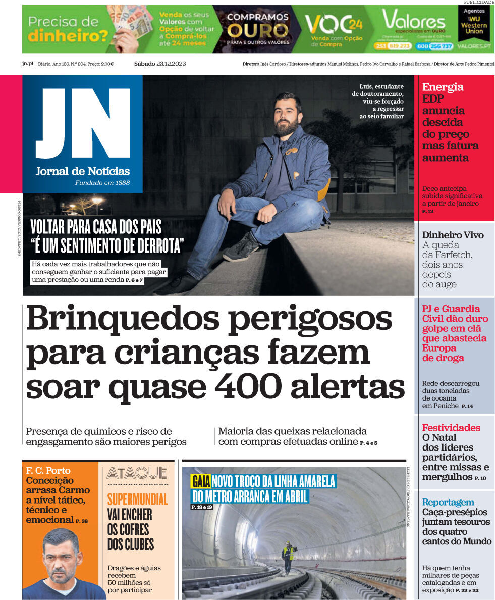 Jornal de Not&iacute;cias: Capa da Edi&ccedil;&atilde;o de s&aacute;bado, 23 de dezembro 2023