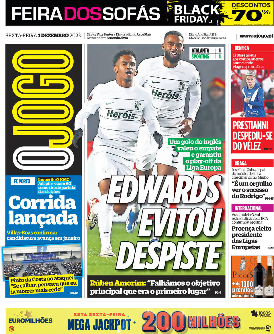 O Jogo: Capa da Edi&ccedil;&atilde;o de sexta-feira, 01 de dezembro 2023