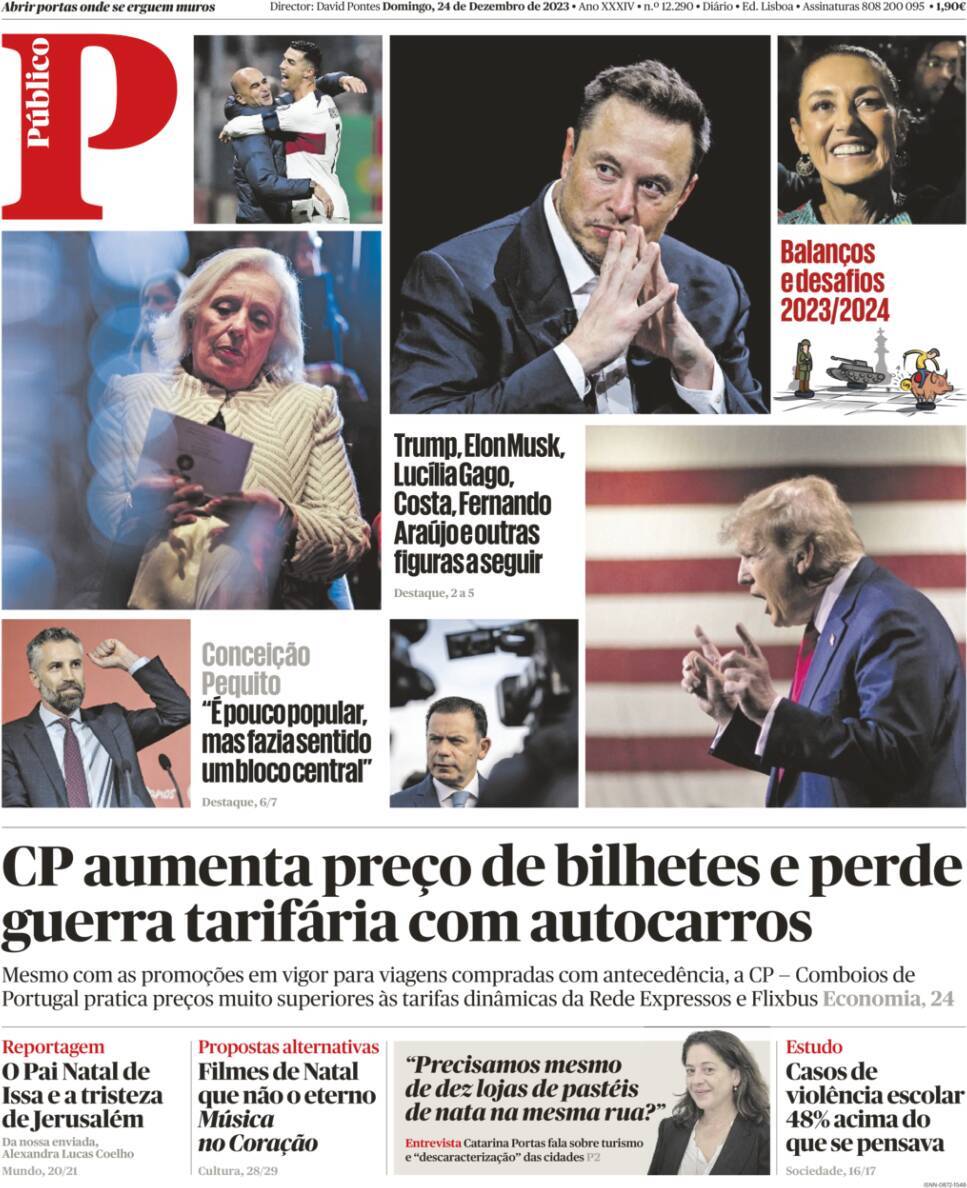 P&uacute;blico: Capa da Edi&ccedil;&atilde;o de domingo, 24 de dezembro 2023