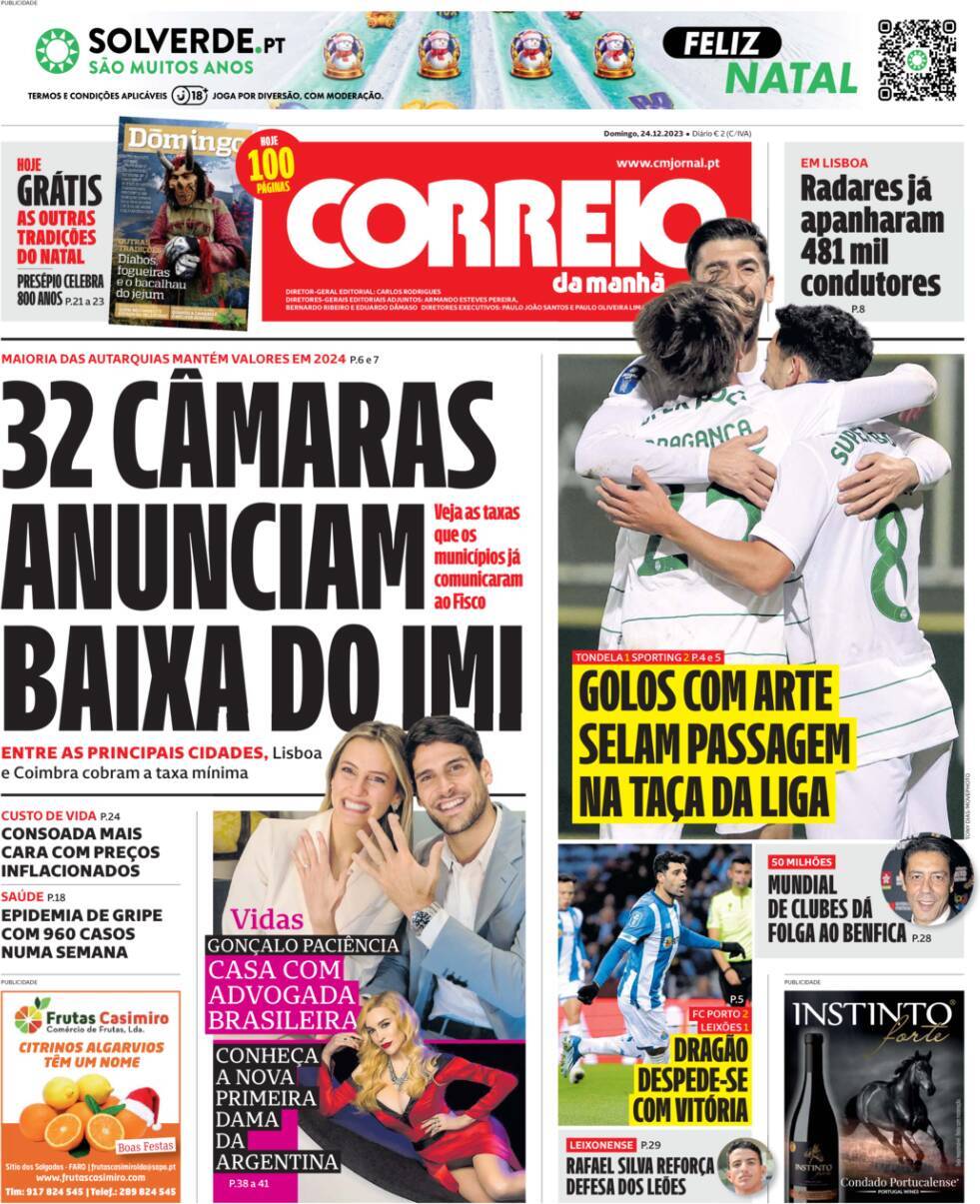 Correio da Manh&atilde;: Capa da Edi&ccedil;&atilde;o de domingo, 24 de dezembro 2023