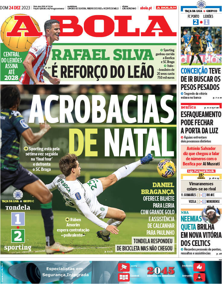 A Bola: Capa da Edi&ccedil;&atilde;o de domingo, 24 de dezembro 2023
