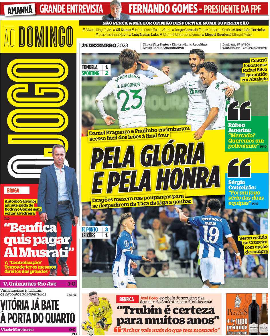 O Jogo: Capa da Edi&ccedil;&atilde;o de domingo, 24 de dezembro 2023