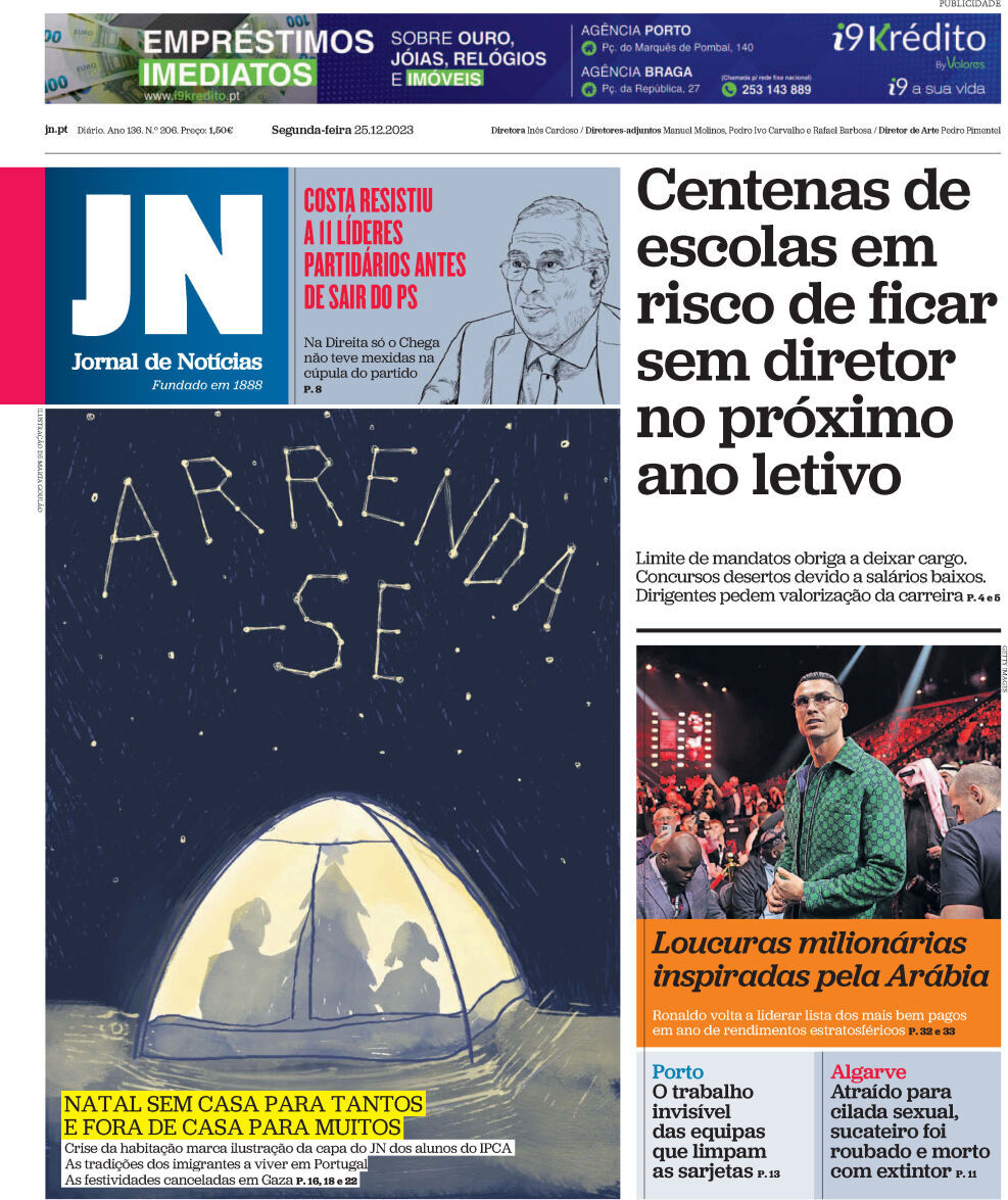 Jornal de Not&iacute;cias: Capa da Edi&ccedil;&atilde;o de segunda-feira, 25 de dezembro 2023