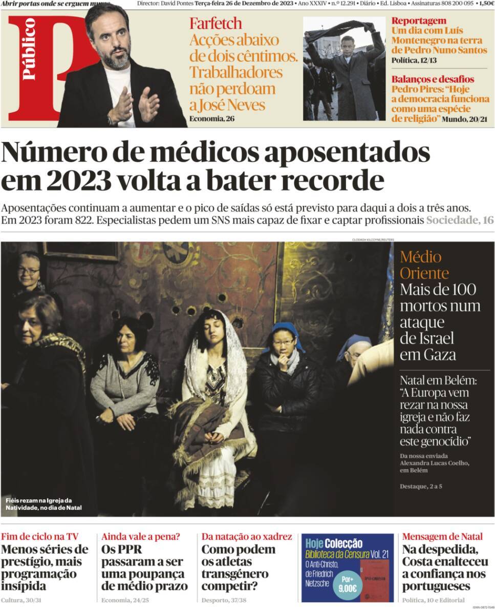 P&uacute;blico: Capa da Edi&ccedil;&atilde;o de ter&ccedil;a-feira, 26 de dezembro 2023