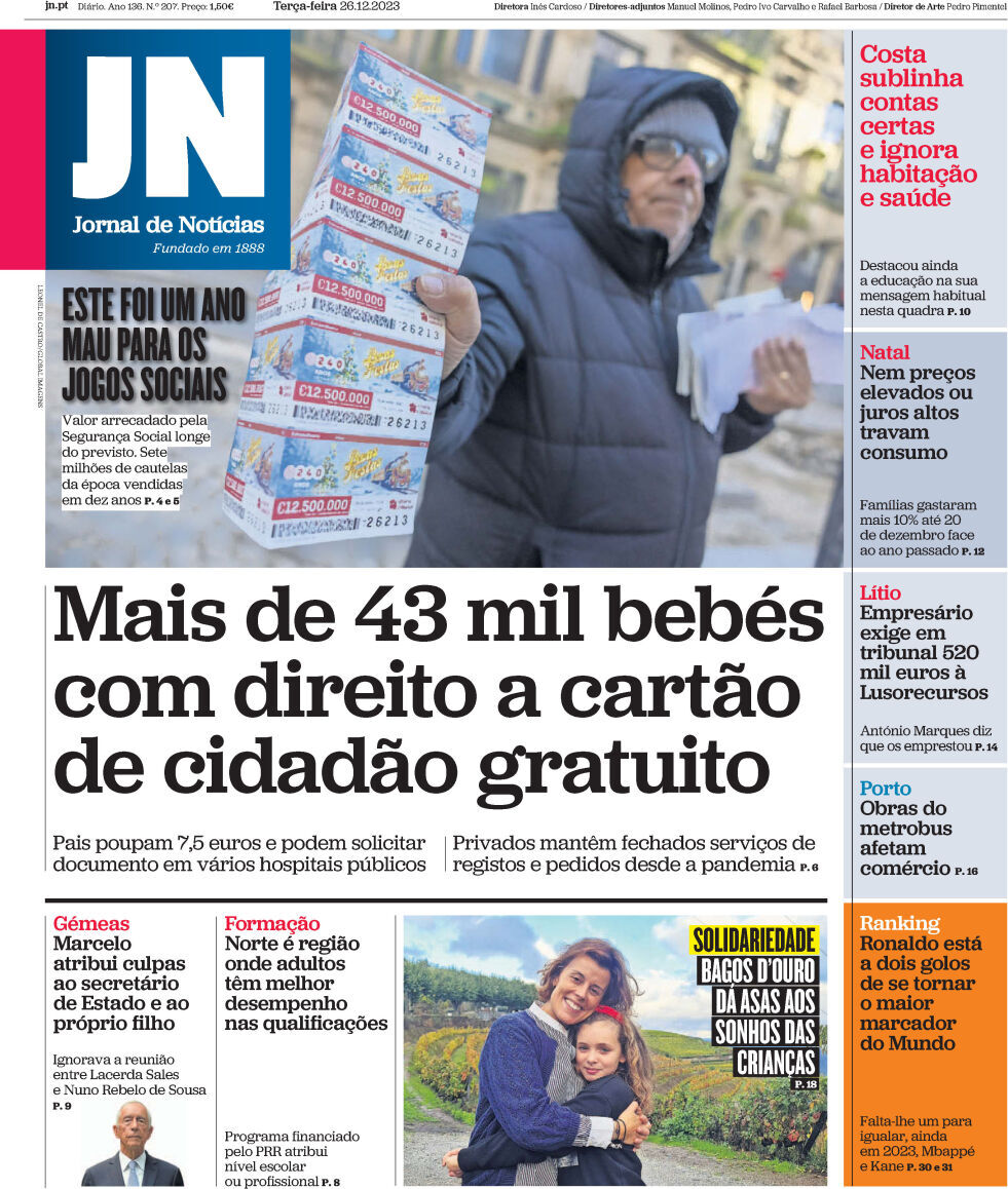 Jornal de Not&iacute;cias: Capa da Edi&ccedil;&atilde;o de ter&ccedil;a-feira, 26 de dezembro 2023