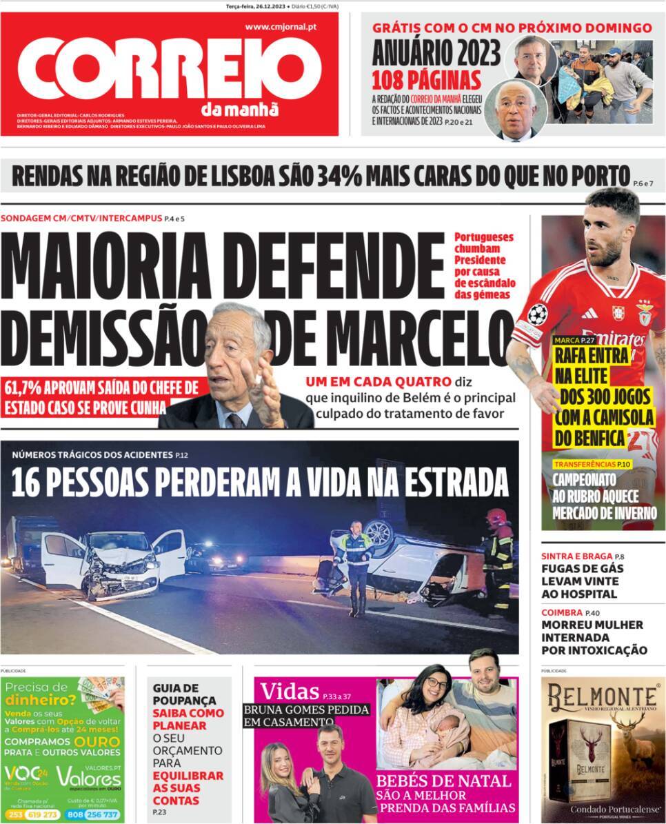 Correio da Manh&atilde;: Capa da Edi&ccedil;&atilde;o de ter&ccedil;a-feira, 26 de dezembro 2023