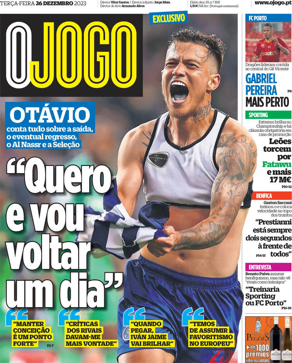 O Jogo: Capa da Edi&ccedil;&atilde;o de ter&ccedil;a-feira, 26 de dezembro 2023