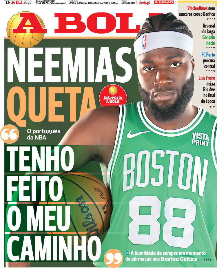 A Bola: Capa da Edi&ccedil;&atilde;o de ter&ccedil;a-feira, 26 de dezembro 2023