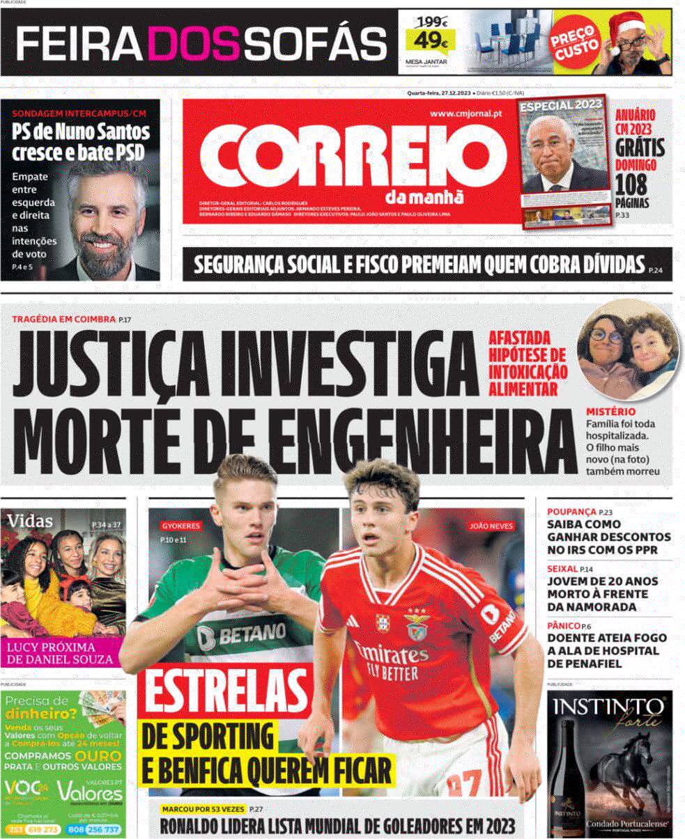 Correio da Manh&atilde;: Capa da Edi&ccedil;&atilde;o de quarta-feira, 27 de dezembro 2023