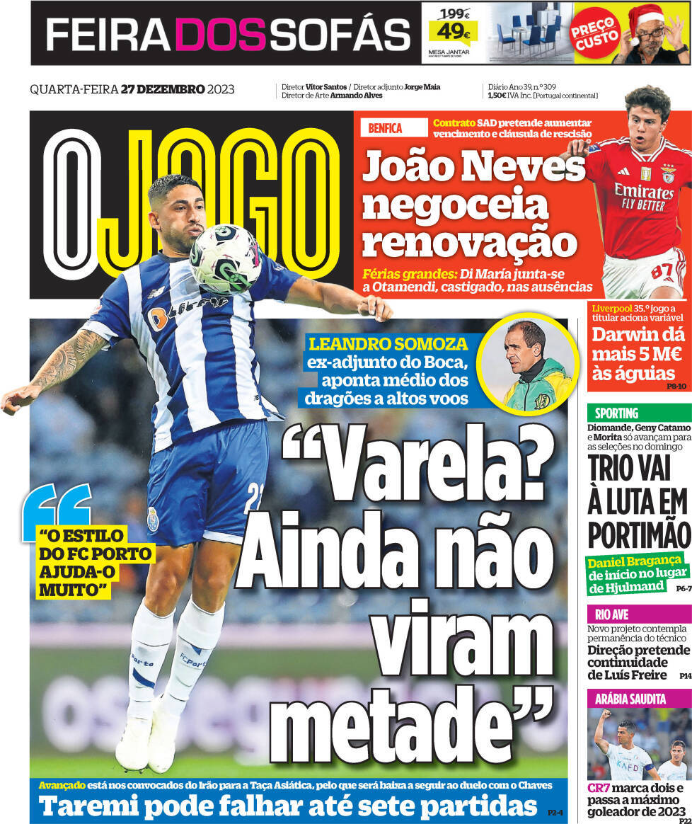 O Jogo: Capa da Edi&ccedil;&atilde;o de quarta-feira, 27 de dezembro 2023
