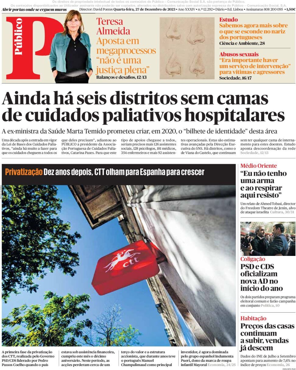 P&uacute;blico: Capa da Edi&ccedil;&atilde;o de quarta-feira, 27 de dezembro 2023