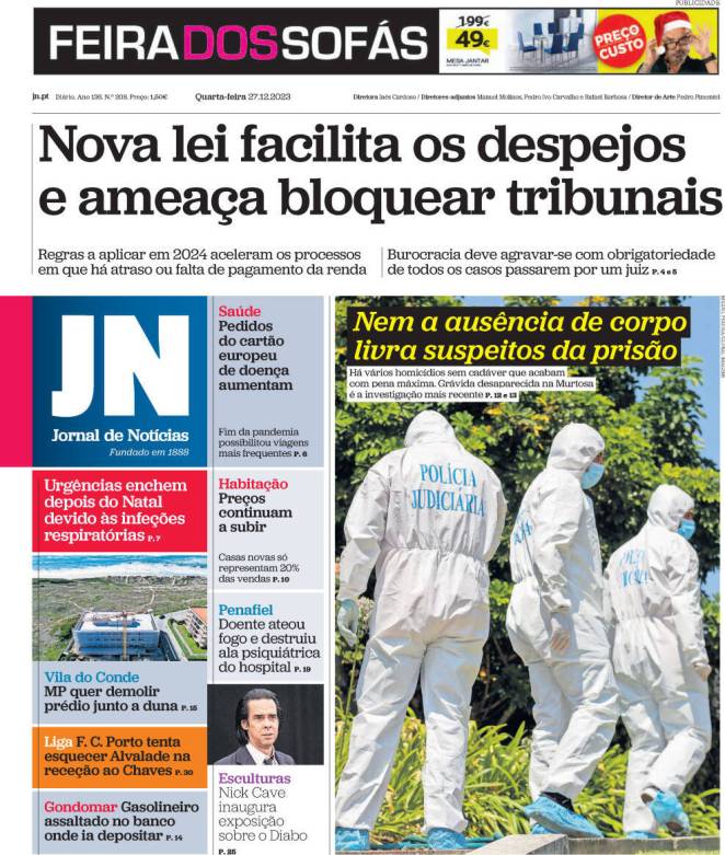 Jornal de Not&iacute;cias: Capa da Edi&ccedil;&atilde;o de quarta-feira, 27 de dezembro 2023