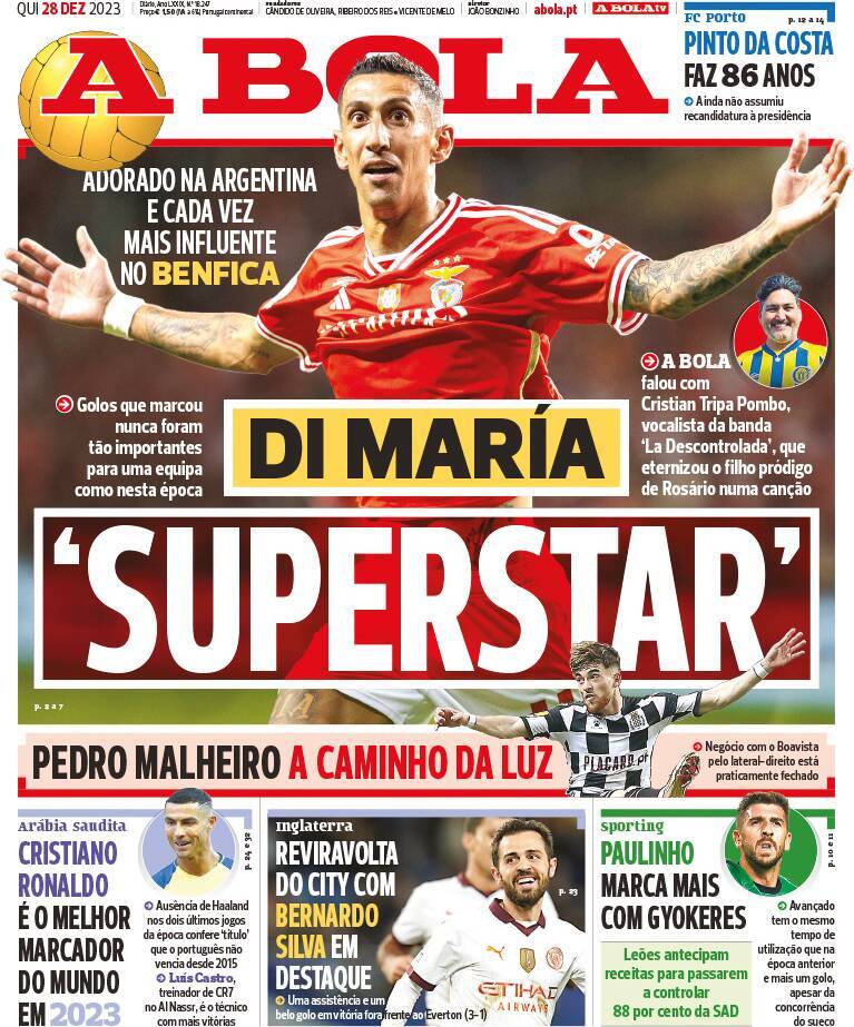 A Bola: Capa da Edi&ccedil;&atilde;o de quinta-feira, 28 de dezembro 2023