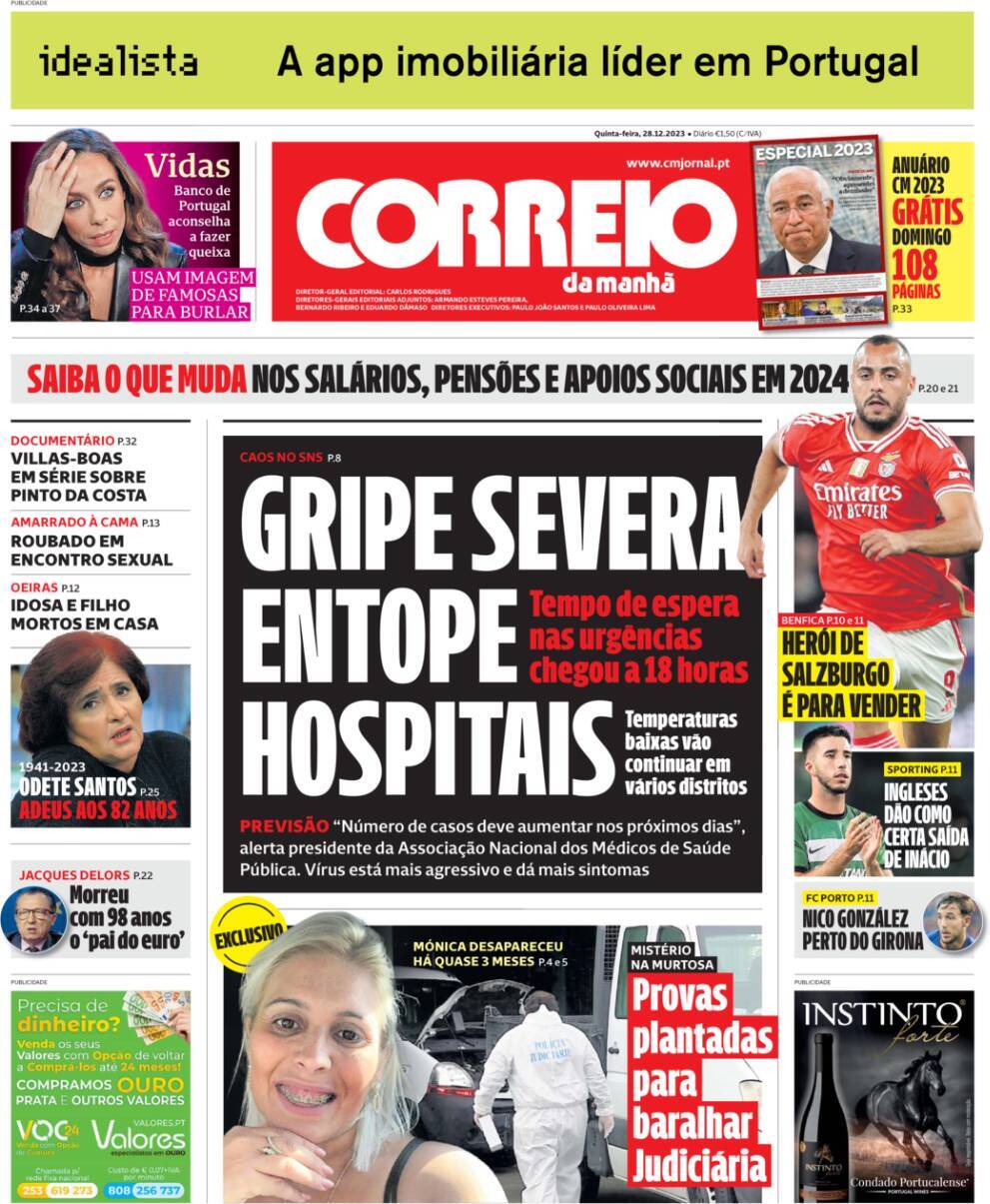 Correio da Manh&atilde;: Capa da Edi&ccedil;&atilde;o de quinta-feira, 28 de dezembro 2023