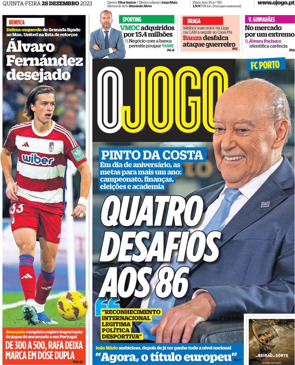 O Jogo: Capa da Edi&ccedil;&atilde;o de quinta-feira, 28 de dezembro 2023