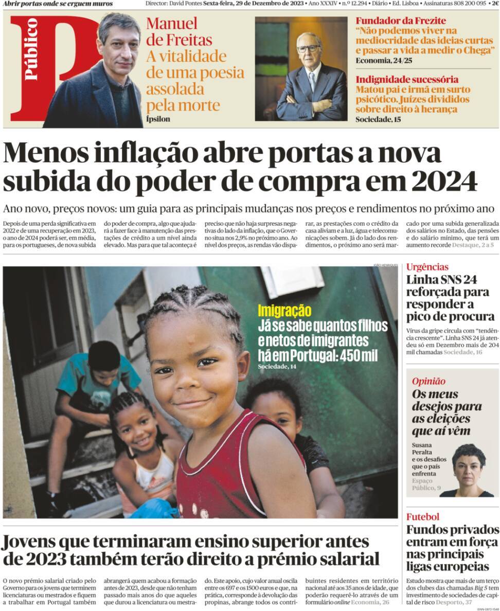 P&uacute;blico: Capa da Edi&ccedil;&atilde;o de sexta-feira, 29 de dezembro 2023