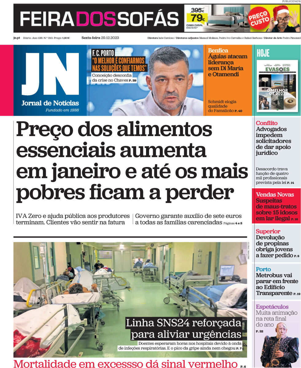 Jornal de Not&iacute;cias: Capa da Edi&ccedil;&atilde;o de sexta-feira, 29 de dezembro 2023