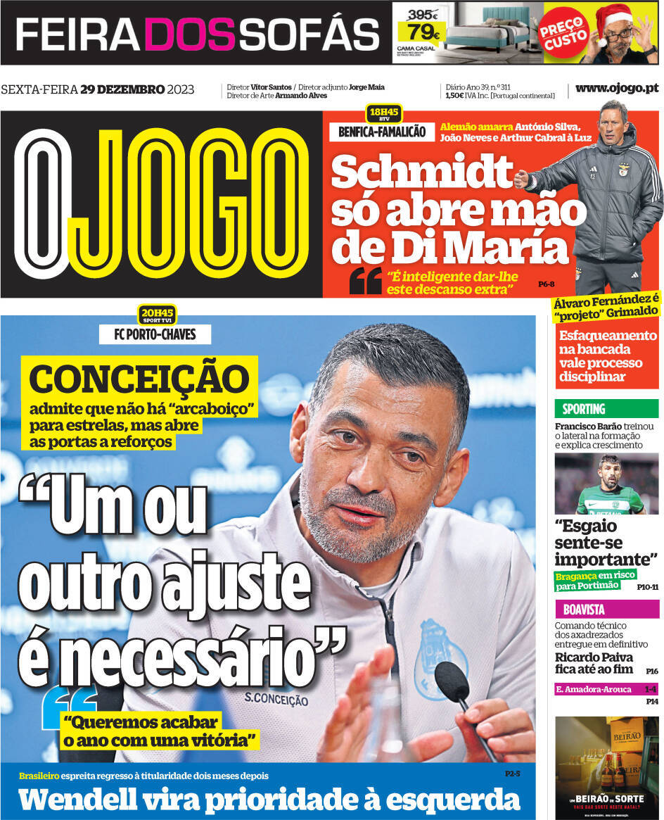 O Jogo: Capa da Edi&ccedil;&atilde;o de sexta-feira, 29 de dezembro 2023