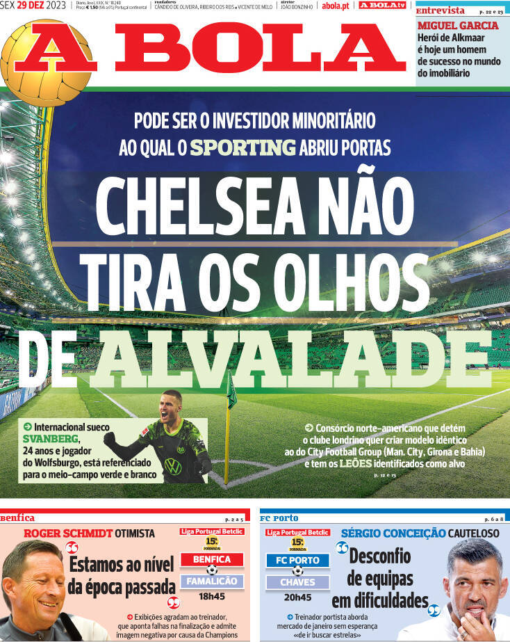 A Bola: Capa da Edi&ccedil;&atilde;o de sexta-feira, 29 de dezembro 2023