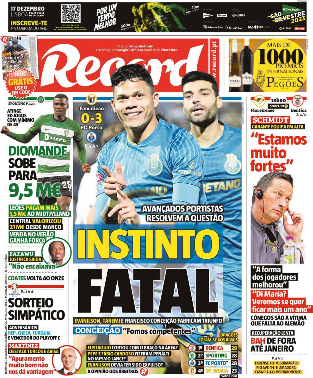 Jornal de Not&iacute;cias: Capa da Edi&ccedil;&atilde;o de domingo, 03 de dezembro 2023