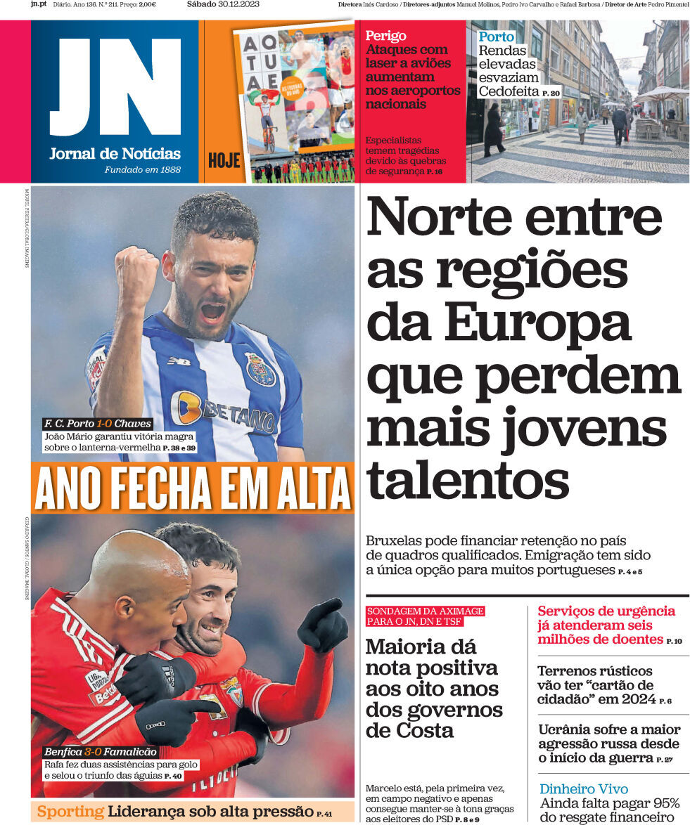 Jornal de Not&iacute;cias: Capa da Edi&ccedil;&atilde;o de s&aacute;bado, 30 de dezembro 2023