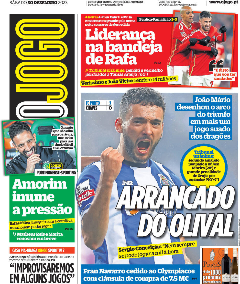 O Jogo: Capa da Edi&ccedil;&atilde;o de s&aacute;bado, 30 de dezembro 2023