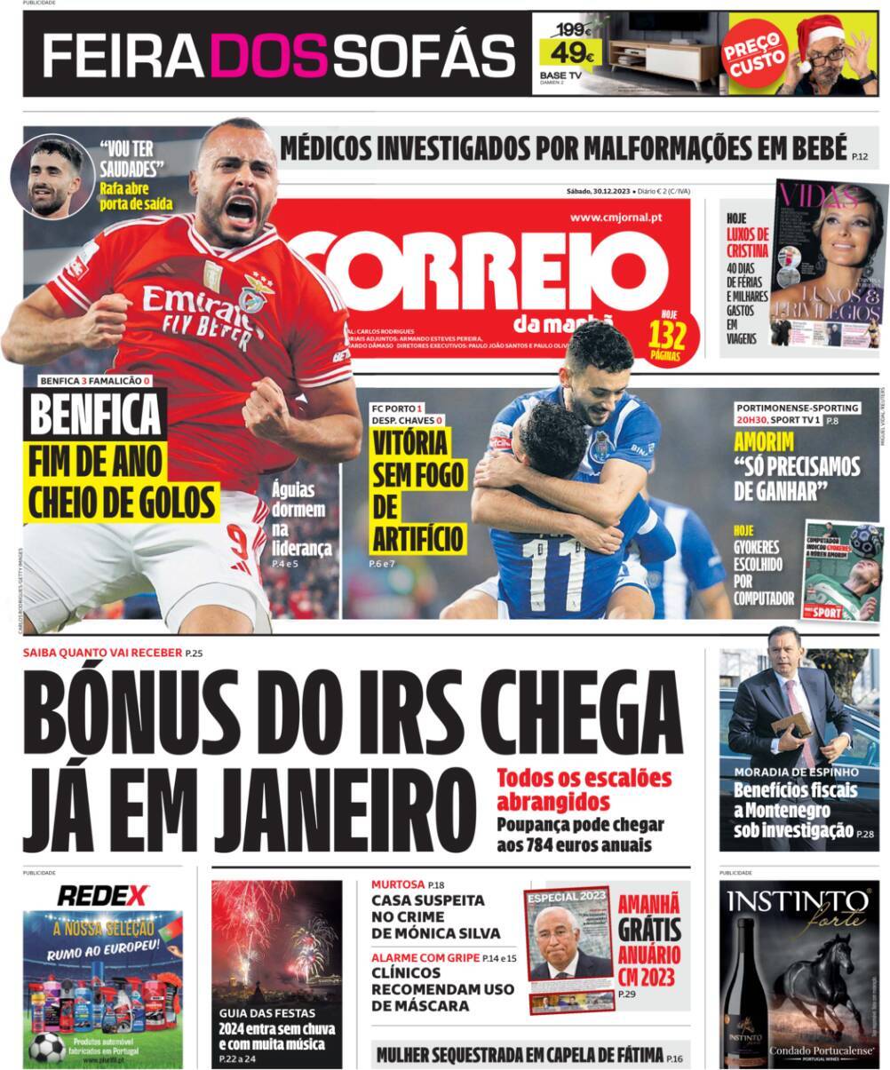Correio da Manh&atilde;: Capa da Edi&ccedil;&atilde;o de s&aacute;bado, 30 de dezembro 2023
