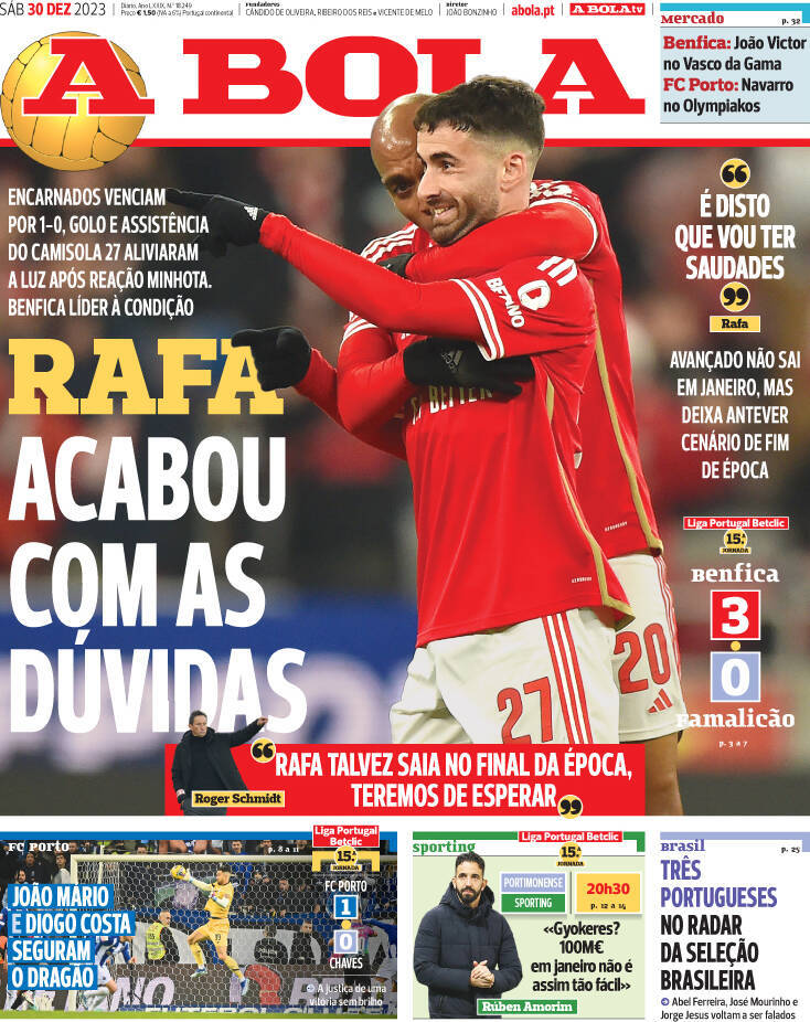 A Bola: Capa da Edi&ccedil;&atilde;o de s&aacute;bado, 30 de dezembro 2023