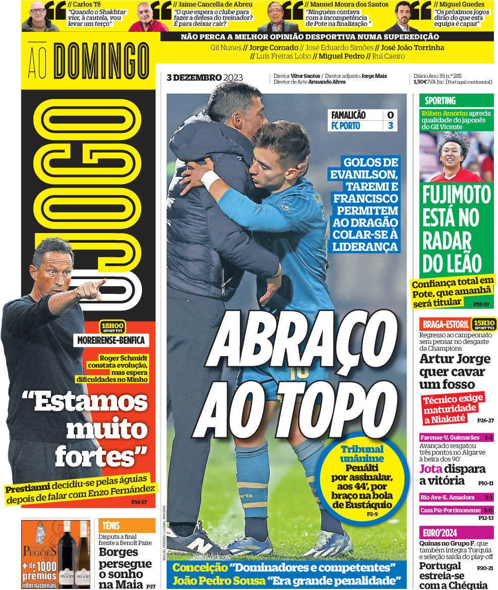 O Jogo: Capa da Edi&ccedil;&atilde;o de domingo, 03 de dezembro 2023