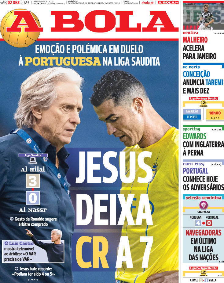 A Bola: Capa da Edi&ccedil;&atilde;o de s&aacute;bado, 02 de dezembro 2023