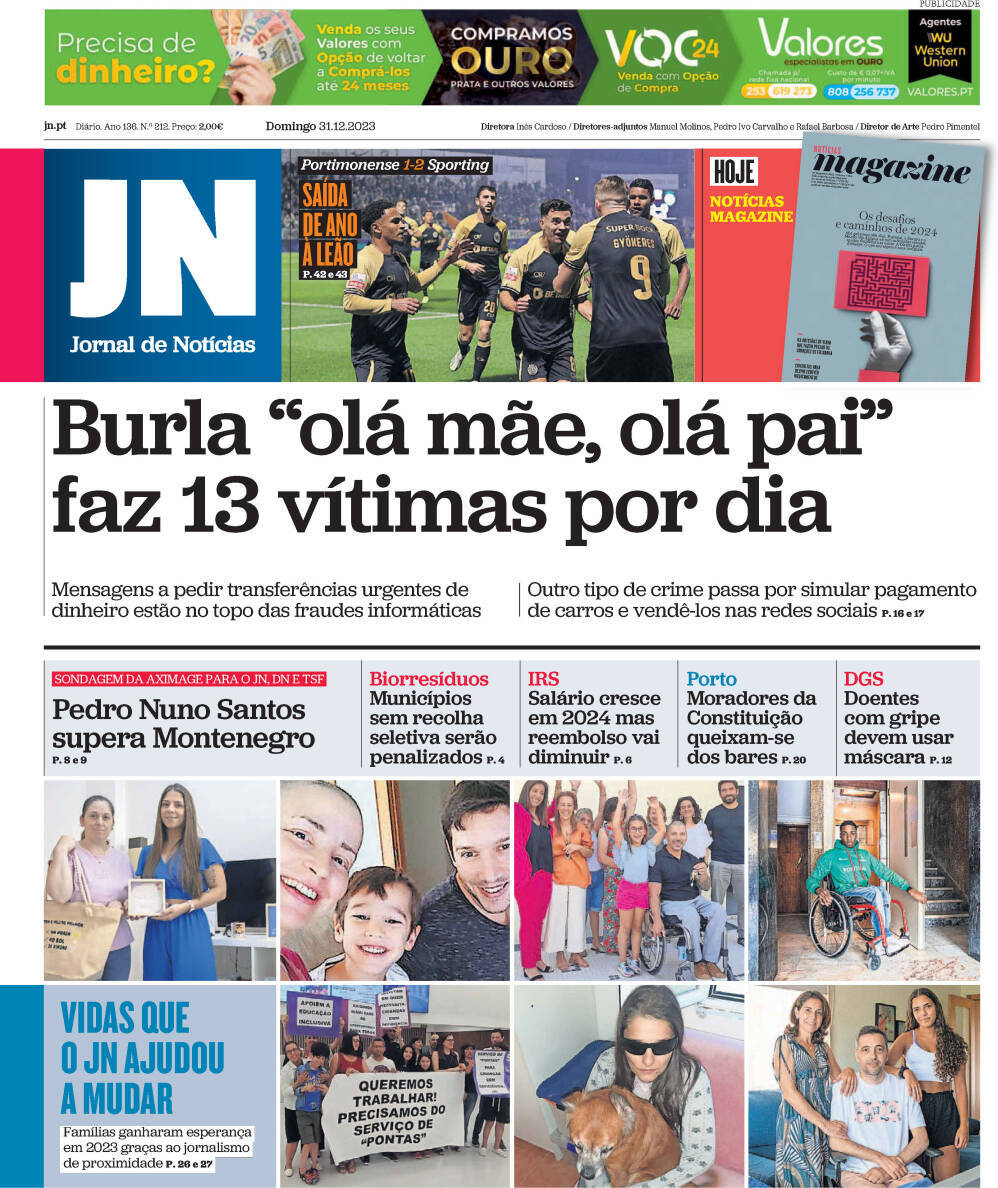 Jornal de Not&iacute;cias: Capa da Edi&ccedil;&atilde;o de domingo, 31 de dezembro 2023