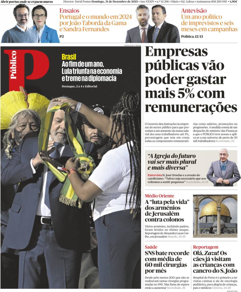 P&uacute;blico: Capa da Edi&ccedil;&atilde;o de domingo, 31 de dezembro 2023