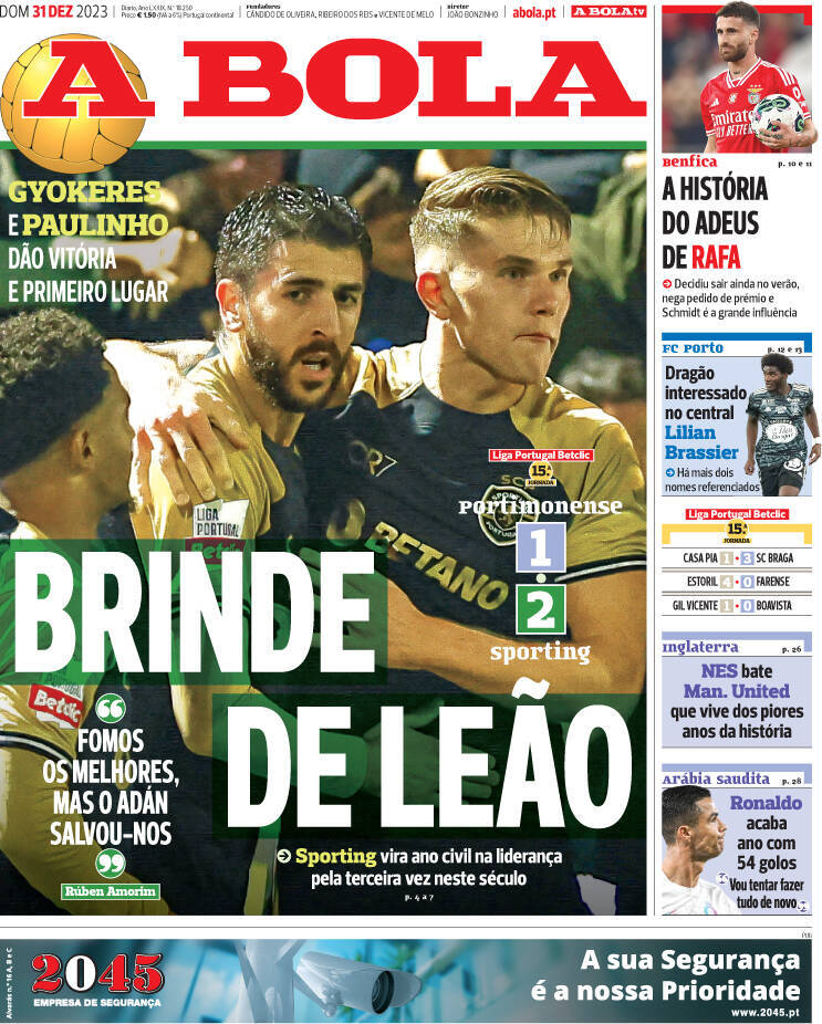 A Bola: Capa da Edi&ccedil;&atilde;o de domingo, 31 de dezembro 2023