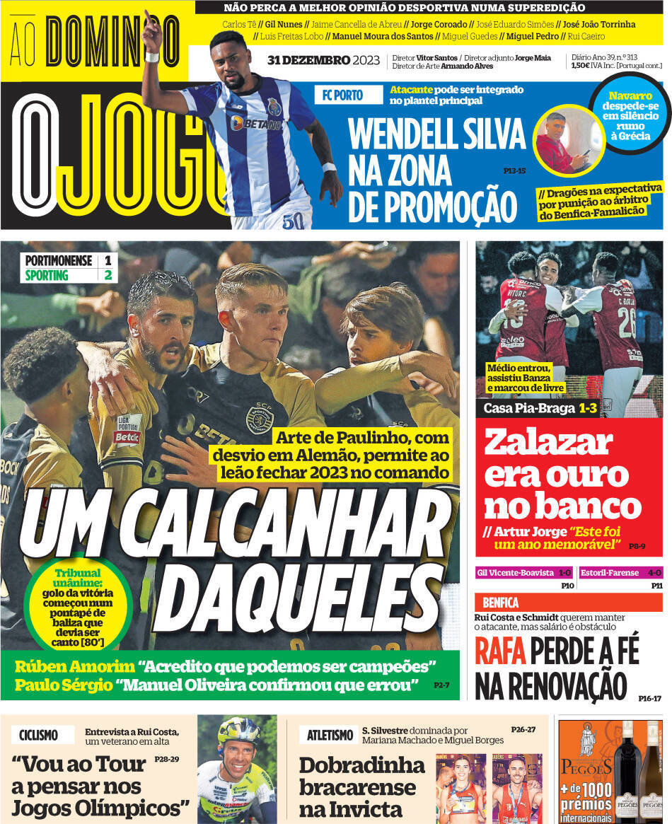 O Jogo: Capa da Edi&ccedil;&atilde;o de domingo, 31 de dezembro 2023