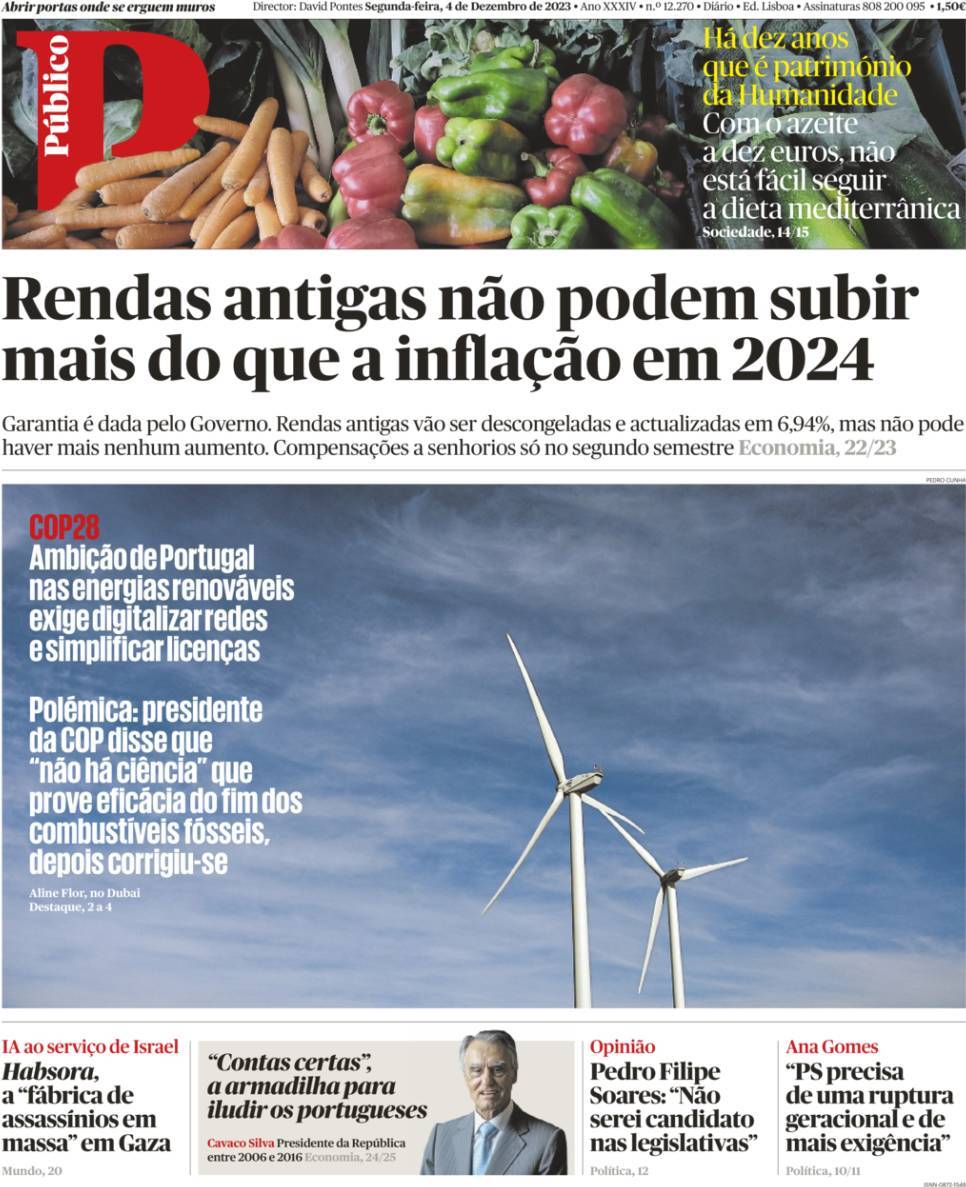 P&uacute;blico: Capa da Edi&ccedil;&atilde;o de segunda-feira, 04 de dezembro 2023
